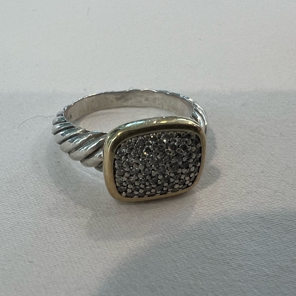 David Yurman Two-Tone Yellow Gold Diamond Cable Noblesse Cocktail Ring Silver - Picture 10 of 13